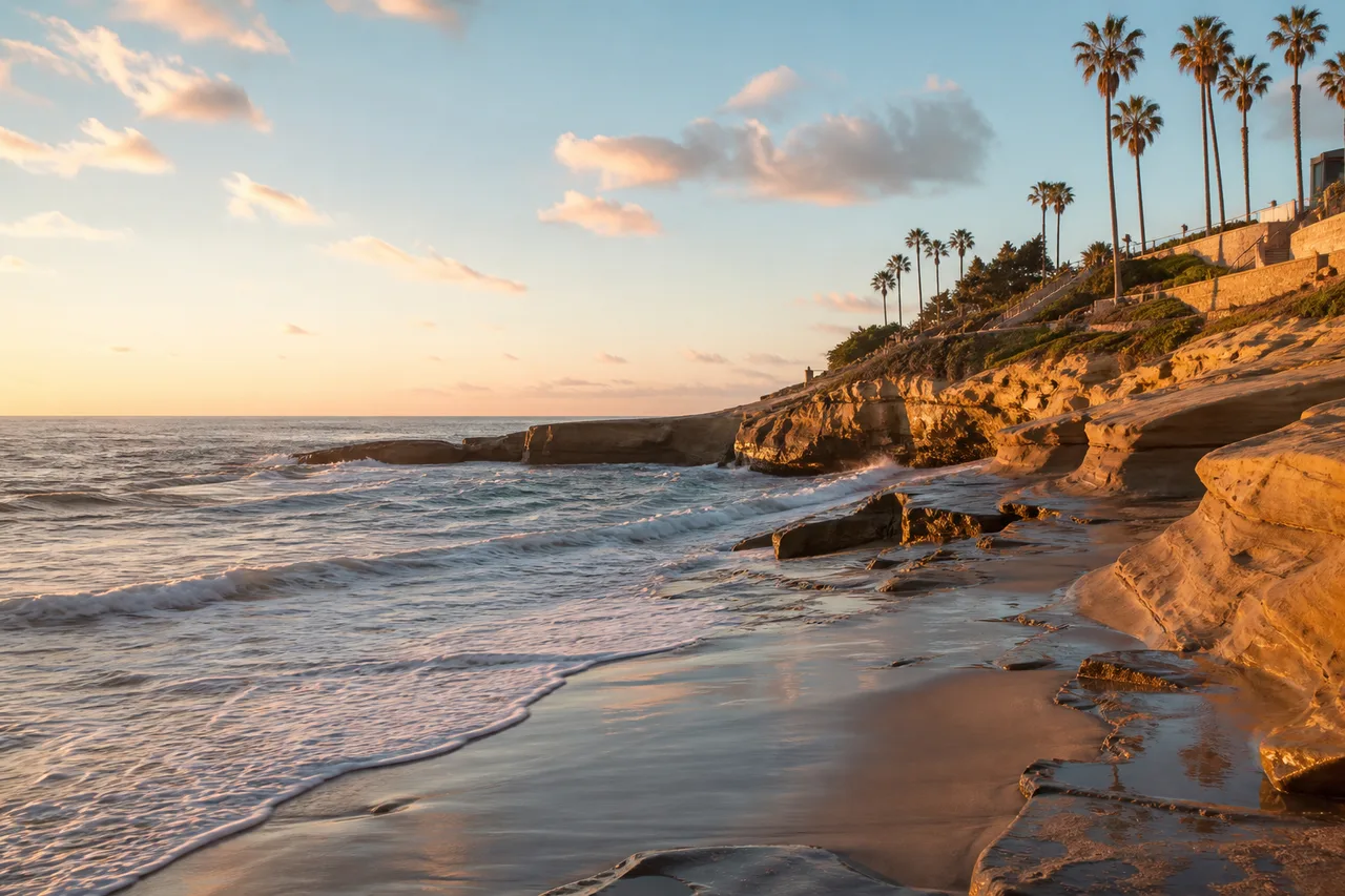Golden hour light over the San Diego coastline with gentle waves, palm trees, and sandstone cliffs